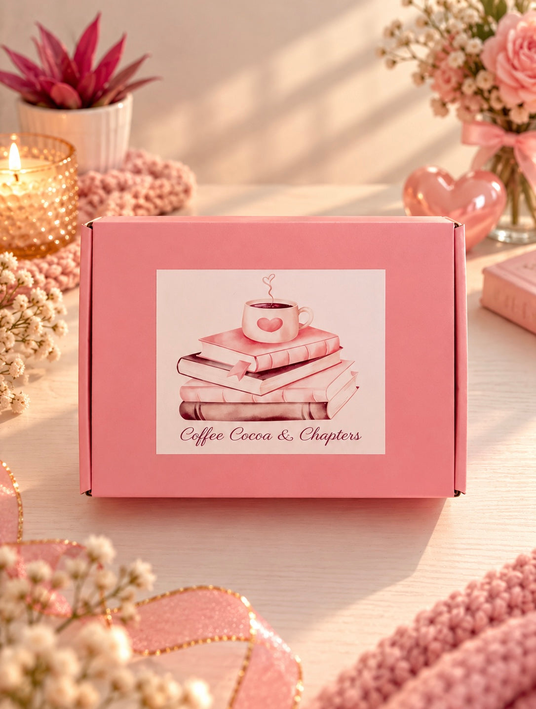 A pink  box labeled 'Coffee Cocoa & Chapters' with an illustration of stacked books and a heart-shaped mug, styled on a table with pink ribbons, dried flowers, a candle, and pink accessories.