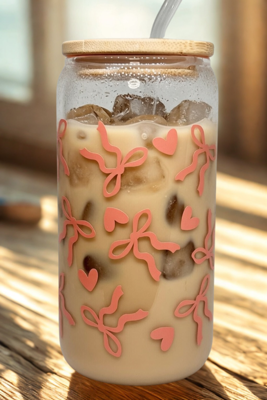 Glass tumbler with iced coffee and decorative heart and bow designs on a wooden surface.