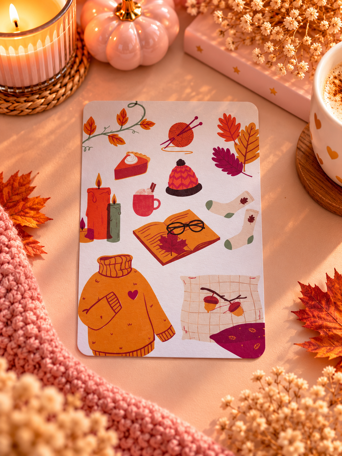 A rectangle kindle insert featuring cozy autumn-themed illustrations, styled on a warm beige surface with candles, dried flowers, a pink knit blanket, and fall leaves.
