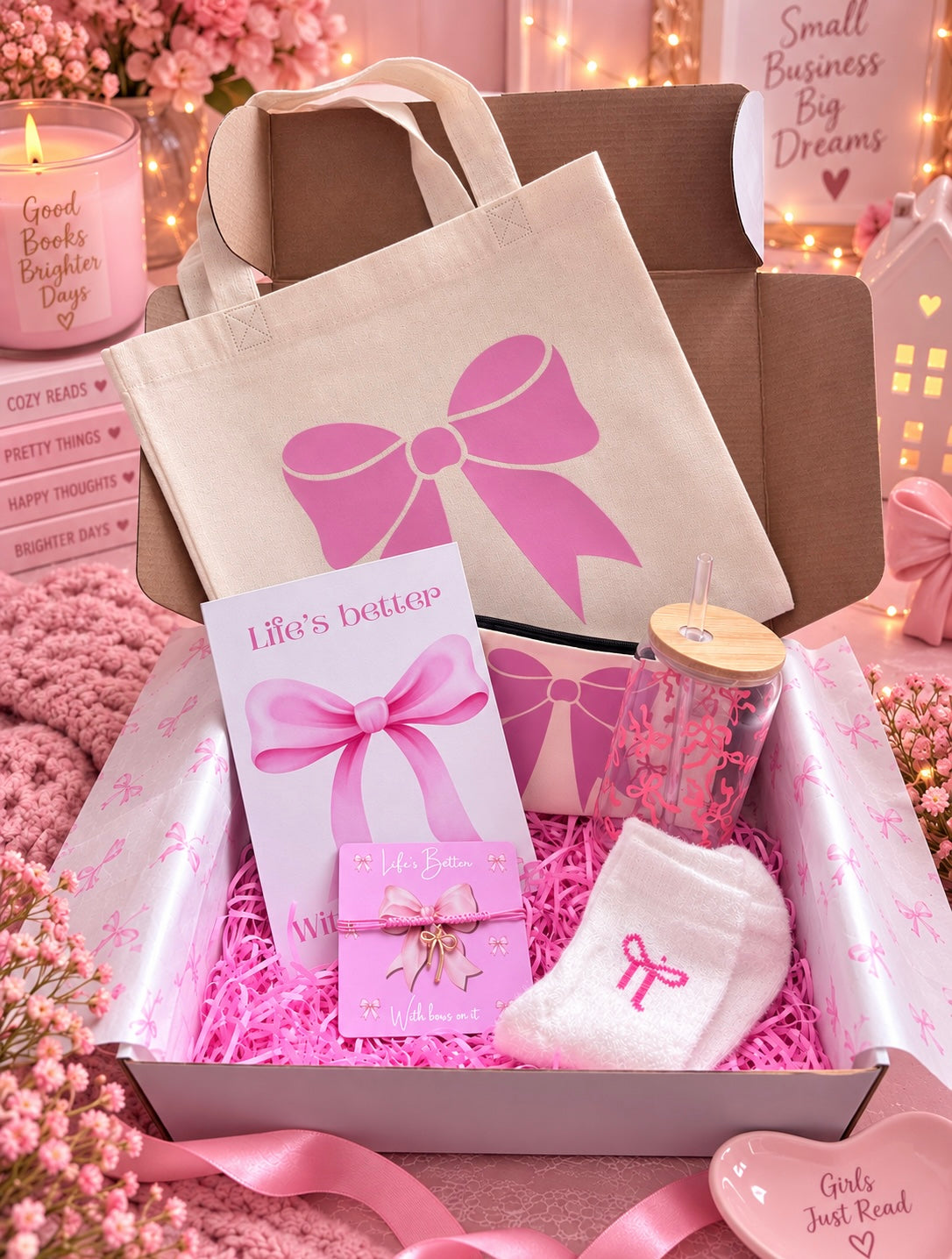 A curated gift box set for girls featuring a beige tote bag with a pink bow, a card reading 'Life's better', a pink tumbler with a straw, white socks with a pink bow, and pink accessories arranged in a cardboard box lined with pink tissue paper.