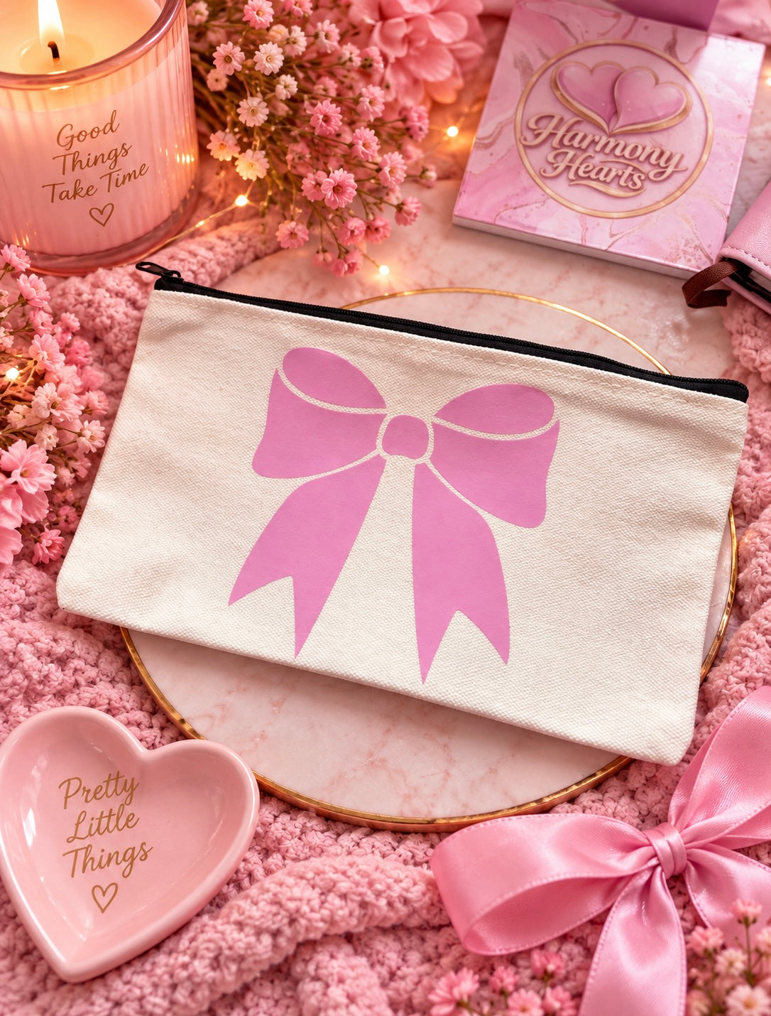 A cream-colored fabric pouch with a large pink bow graphic, styled in a cozy pink flat-lay arrangement with a pink candle, a pink heart-shaped dish, and a pink ribbon.