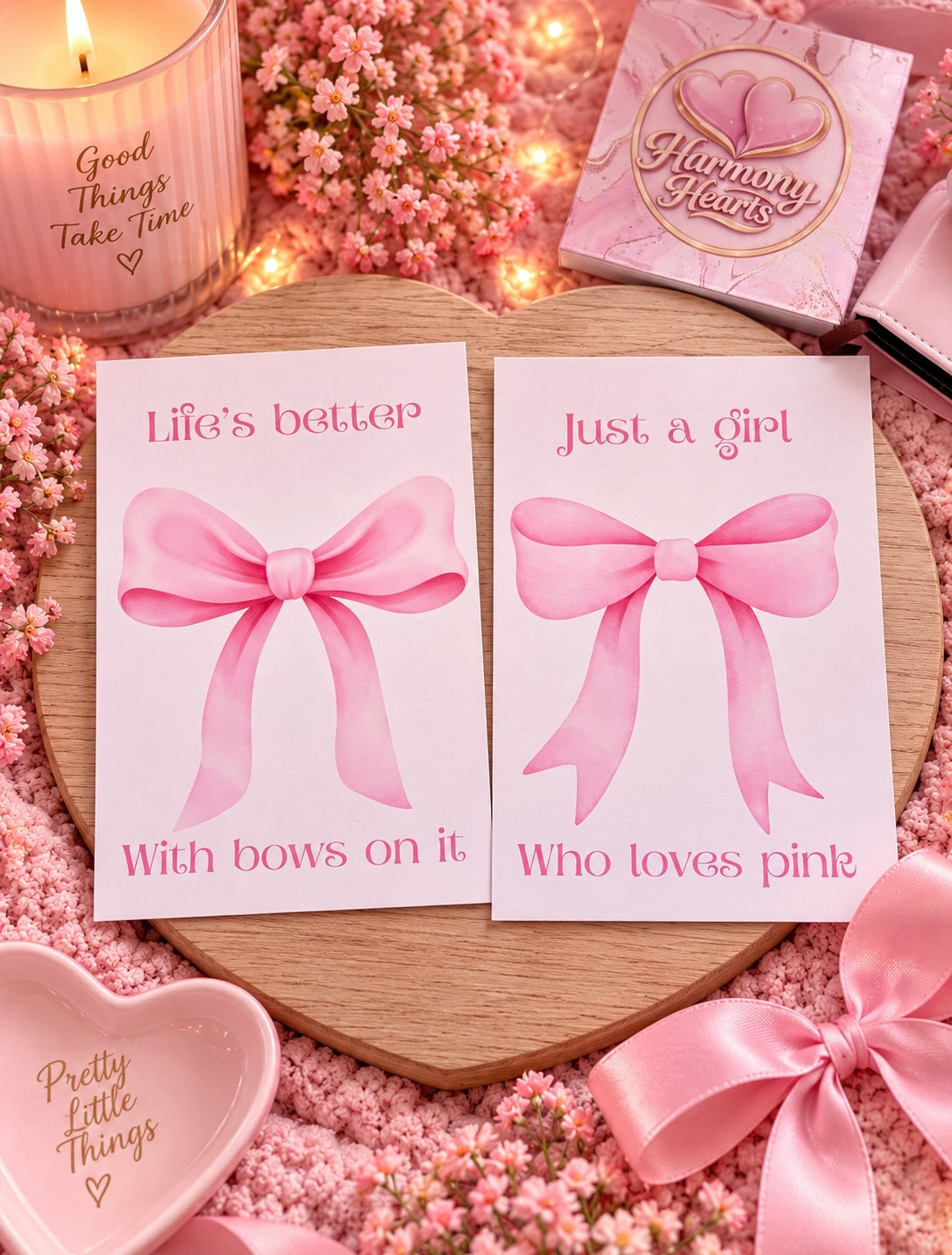 Two pink prints displayed on a wooden heart-shaped board, surrounded by pink flowers, a pink candle, a pink heart dish, and a pink gift box labeled 'Harmony Hearts'. The cards read 'Life's better with bows on it' and 'Just a girl who loves pink'.
