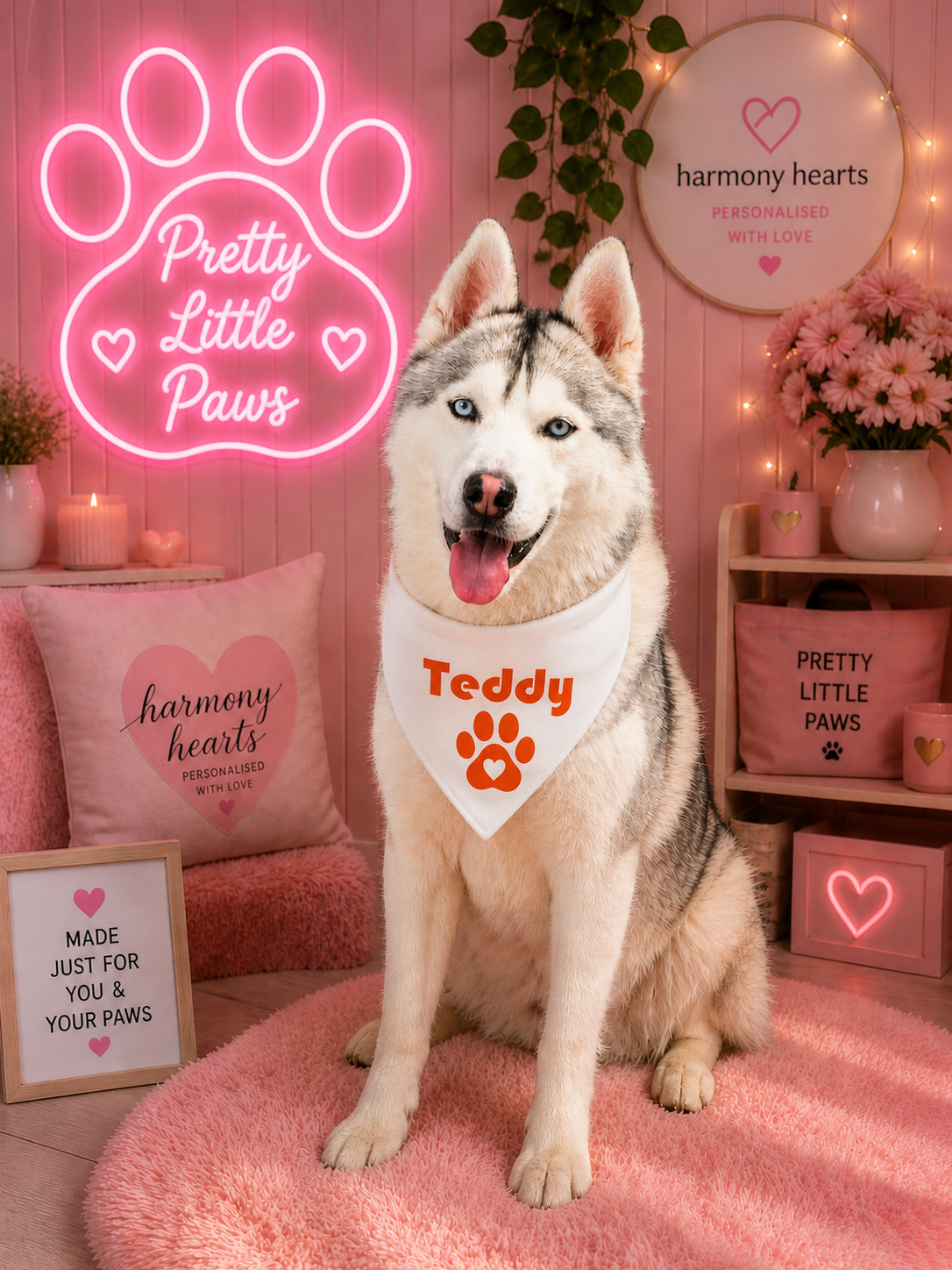 A Siberian husky dog wearing a white bandana with an orange paw print and the name 'Teddy' sits on a pink rug in a cozy, pink-themed room decorated with matching pet accessories and a glowing pink neon sign that reads 'Pretty Little Paws'.