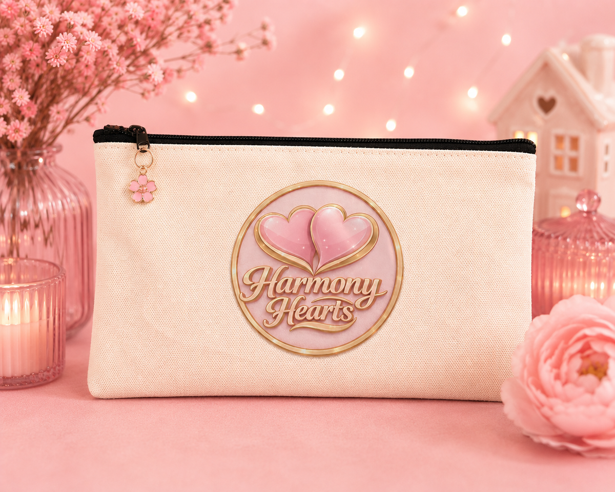 A cream-colored canvas cosmetic pouch with a black zipper, featuring a circular gold and pink 'Harmony Hearts' logo patch on the front. The pouch is styled on a pink surface with pink flowers, a lit candle, and fairy lights in the background.