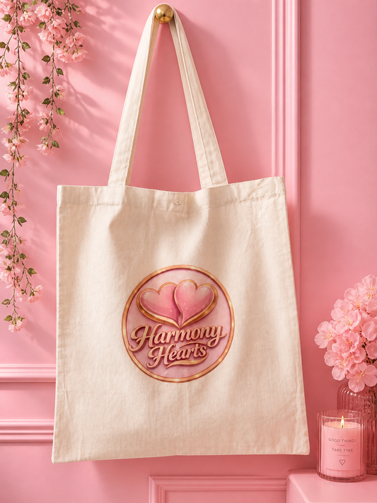 Beige customised tote bag with a Harmony Hearts logo hanging against a pink wall