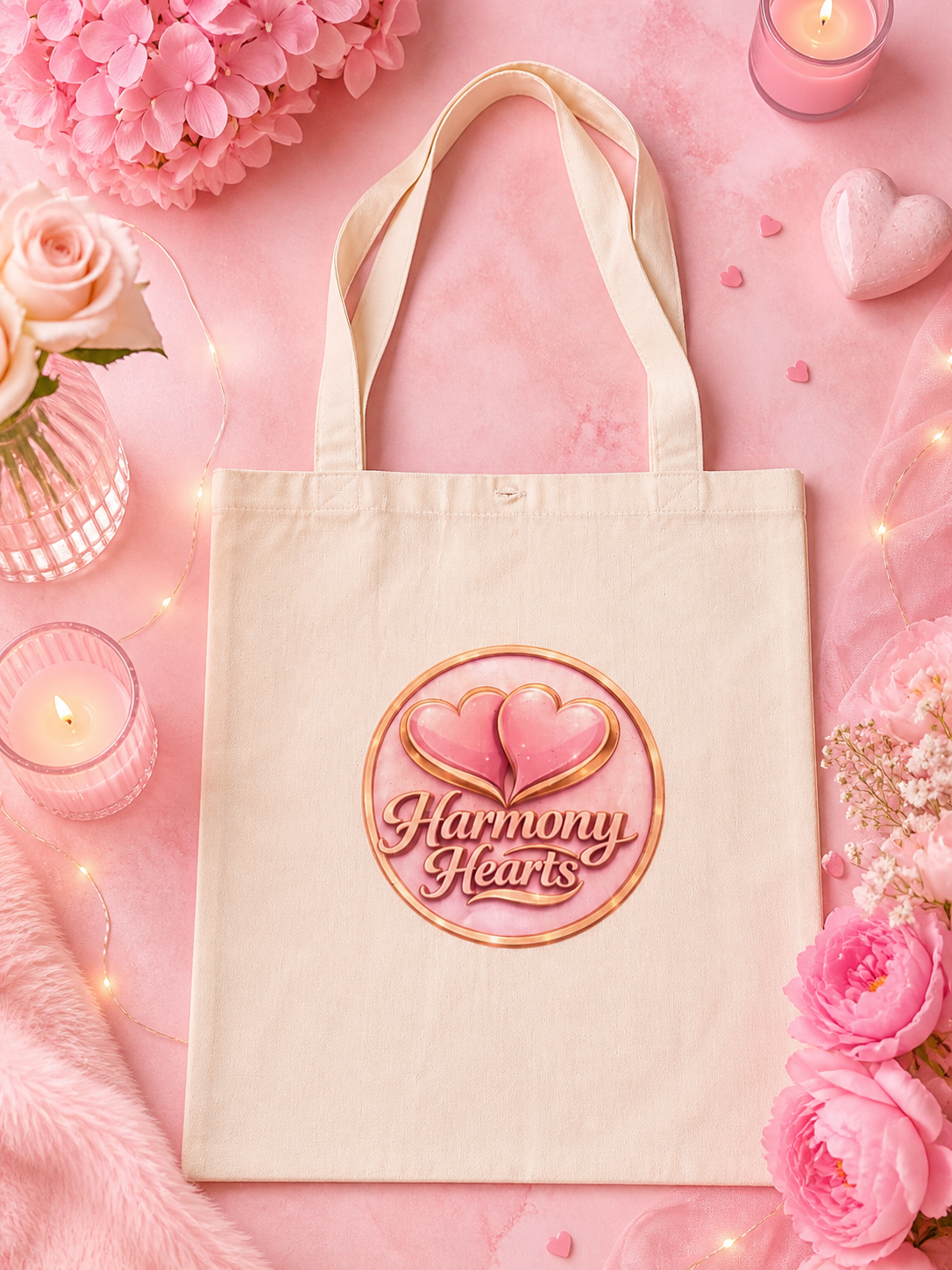 Beige customised tote bag with a Harmony Hearts logo laid on a pink surface