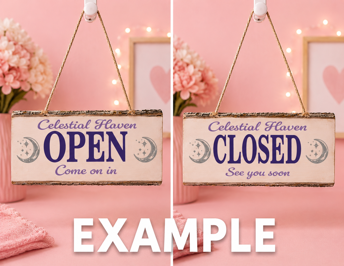 Two signs labeled 'Open' and 'Closed' on a pink background with flowers and lights.