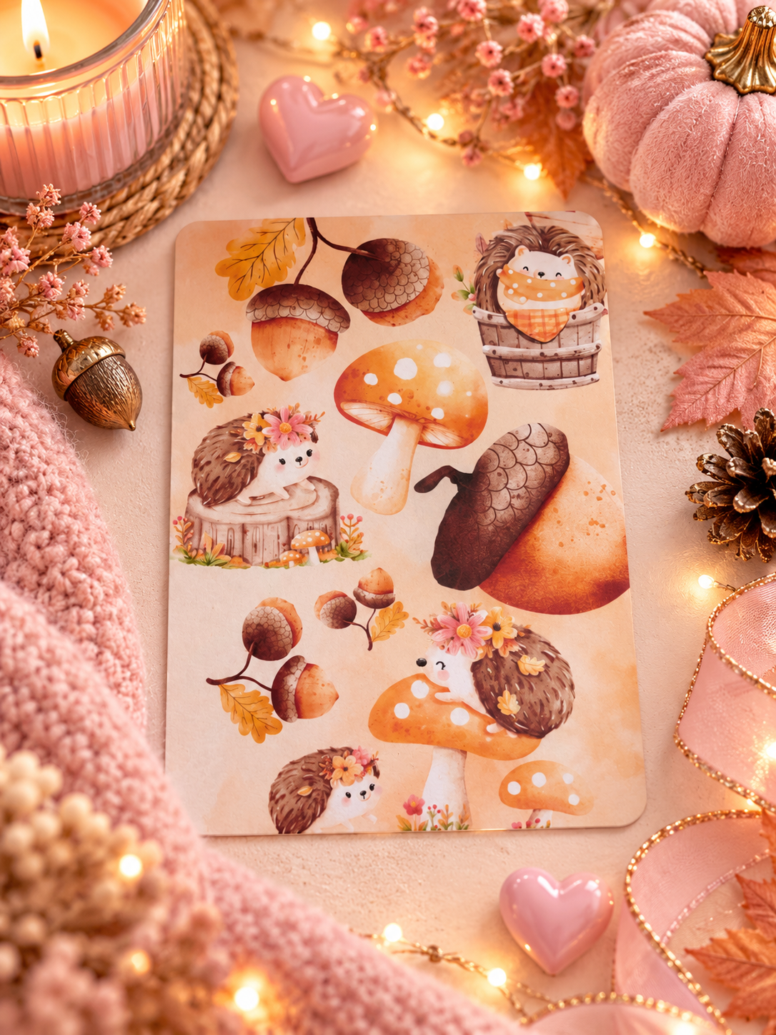 A rectangle kindle insert featuring cute watercolor illustrations of hedgehogs, acorns, and mushrooms, styled in a cozy autumn flat-lay with a candle, pink knit blanket, fairy lights, and decorative hearts.