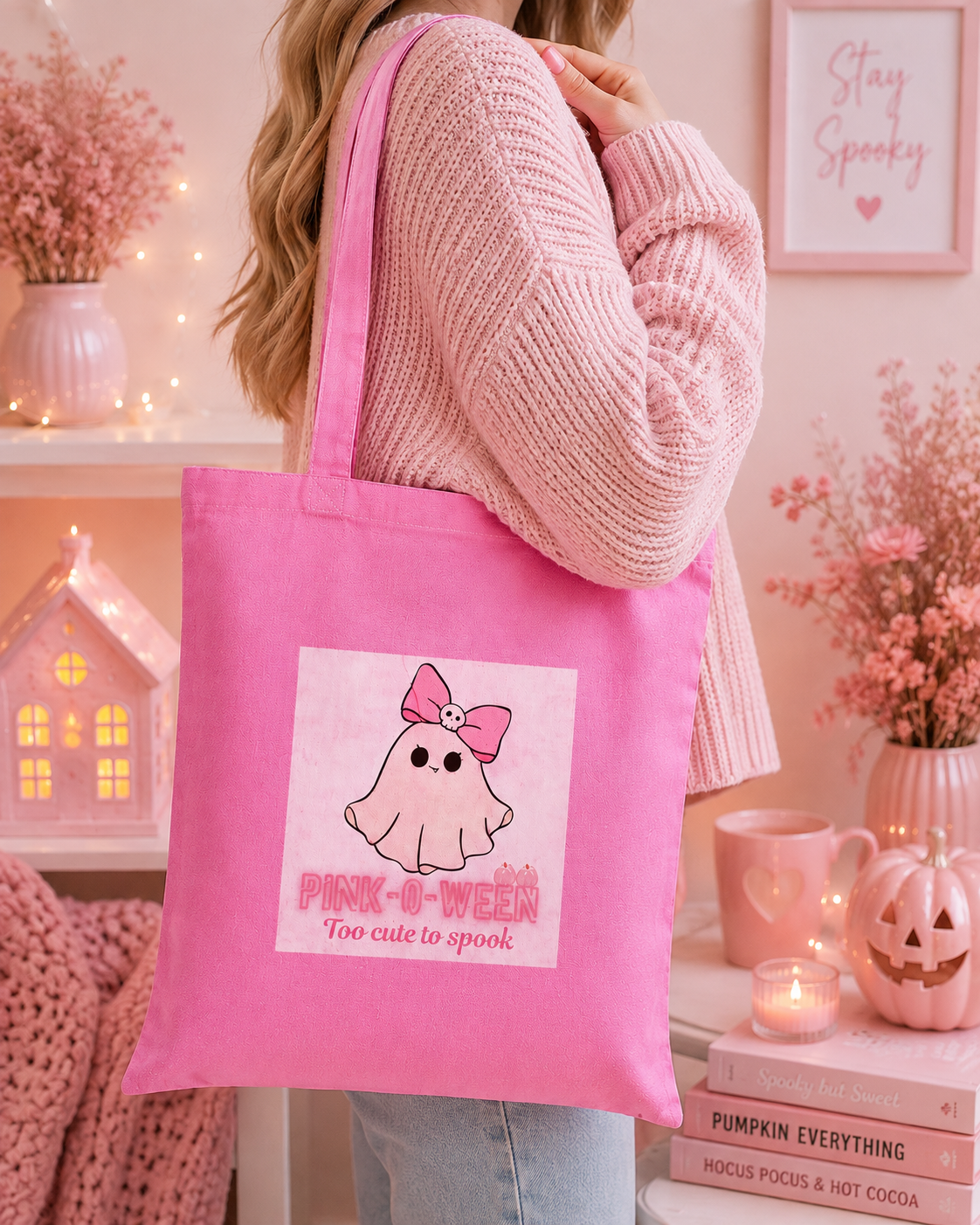 A person wearing a pink knit sweater carries a bright pink canvas tote bag with a cute ghost graphic and the text 'PINK-O-WEEK Too cute to spook' in a cozy, decorated room setting.