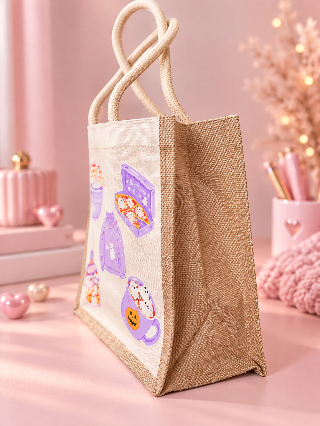 A canvas tote bag with a natural burlap-textured side and a cream front panel decorated with purple and orange illustrations of  ghosts, pumpkins and treats. The bag has thick rope handles and is styled on a pink surface with pink background props.