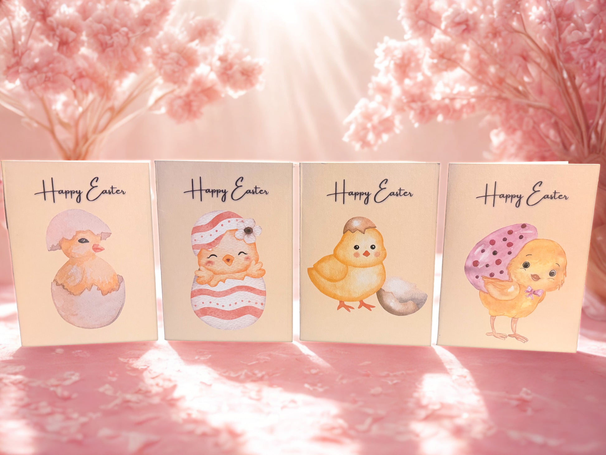 Four Easter-themed greeting cards with chick designs on a pink floral background.