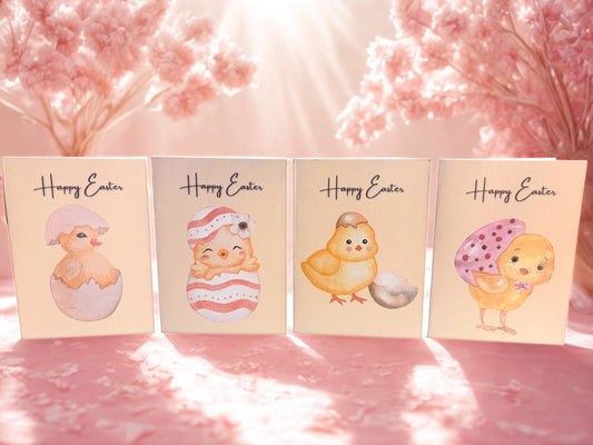 Four Easter-themed greeting cards with chick designs on a pink floral background.
