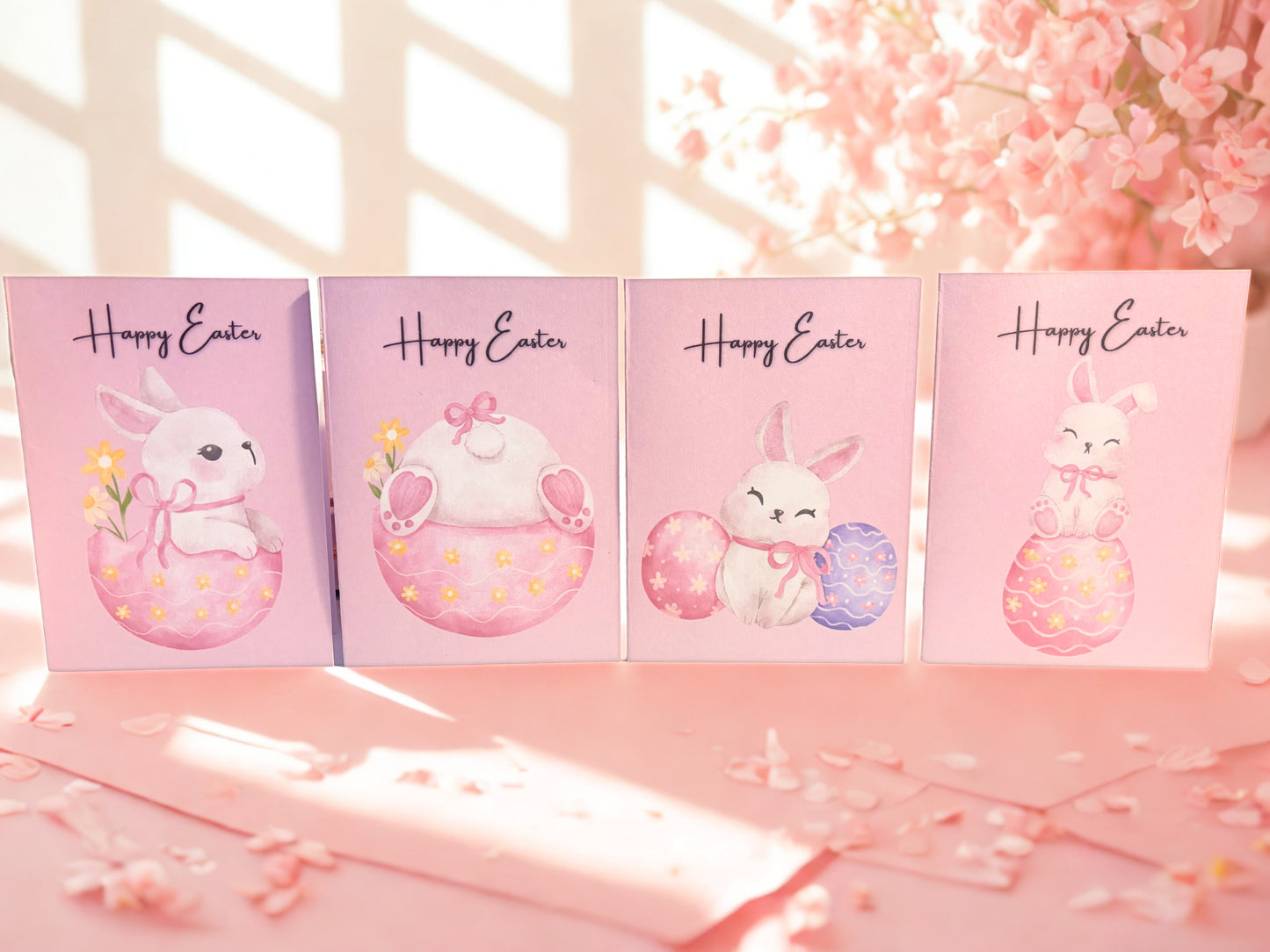 Four Easter cards with cute bunny designs on a pink background.