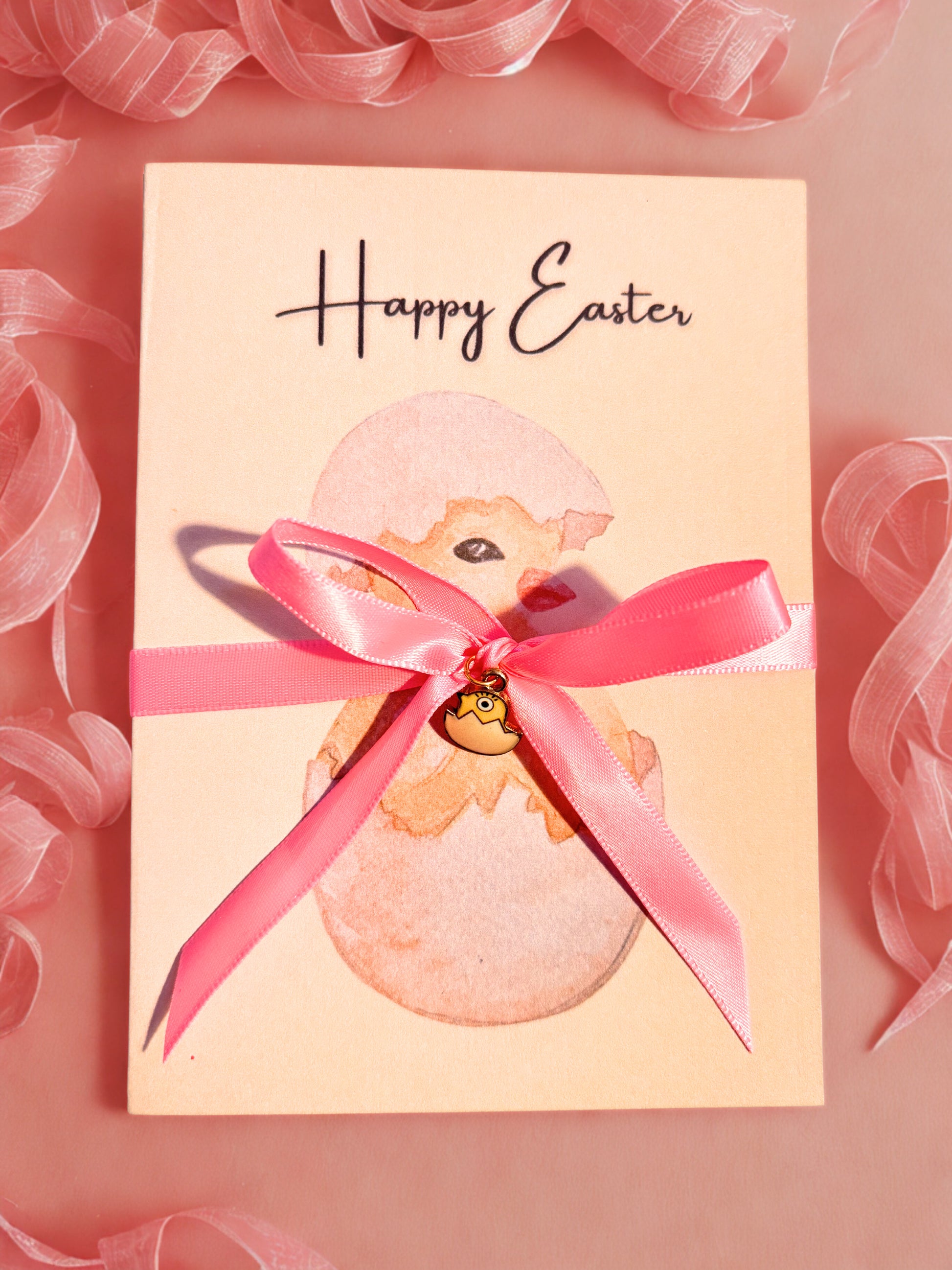 Set of 4 Easter cards with a chick design and pink bow on a pink background
