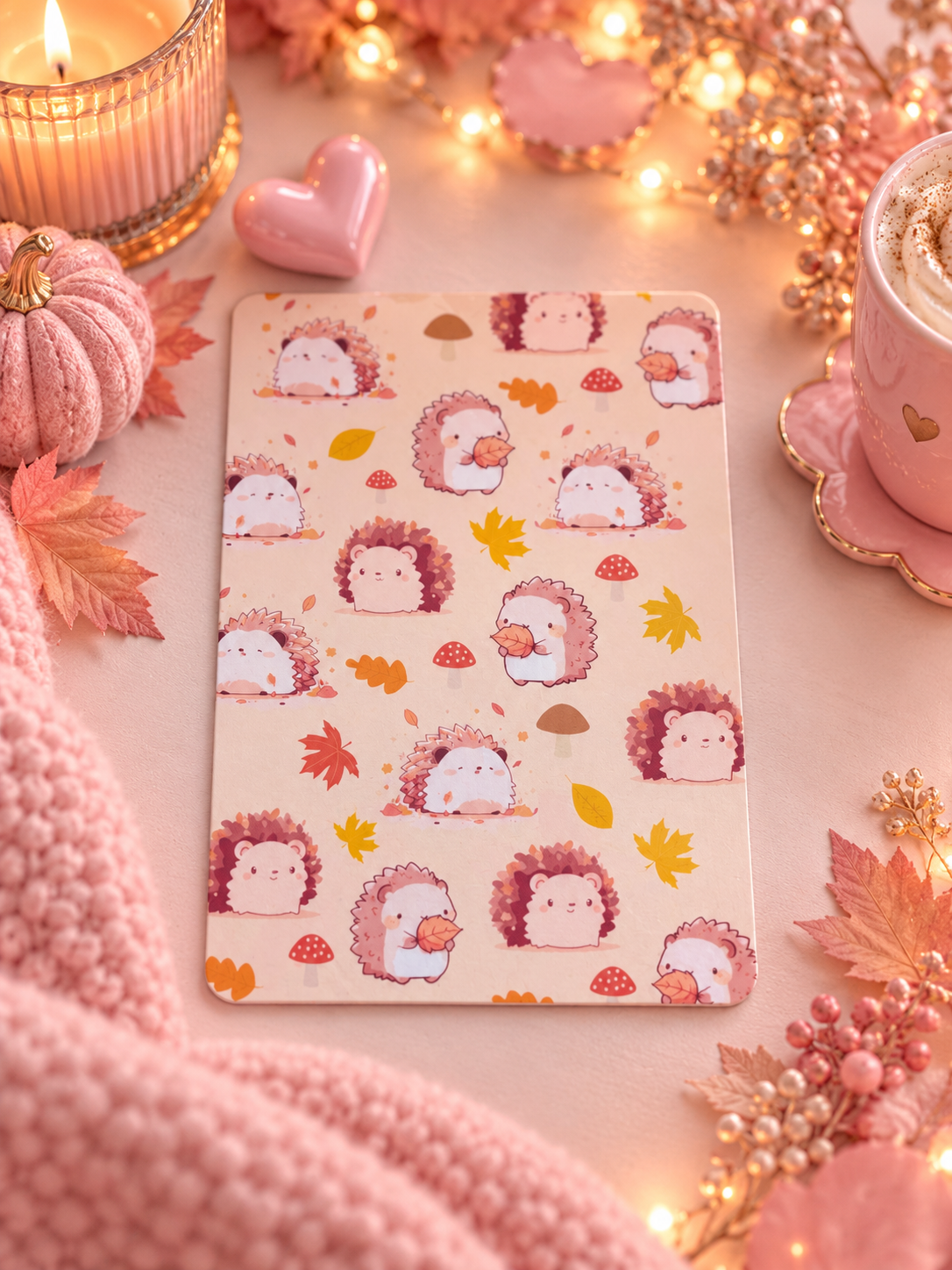 A rectangular kindle insert featuring a cute hedgehog pattern, styled in a cozy autumn-themed flat lay with a pink knit blanket, candle, small pumpkin, heart, and warm fairy lights.