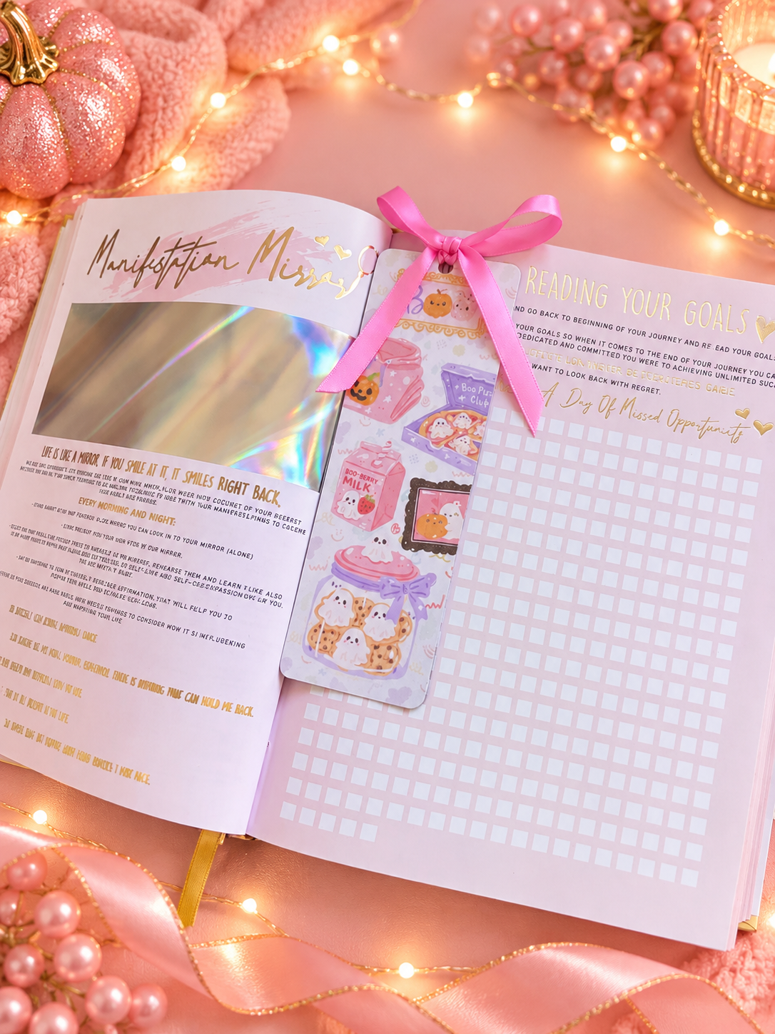 An open pink journal spread on a pink decorative background with fairy lights and pearls. A Halloween themed bookmark with ribbon is inside the pages