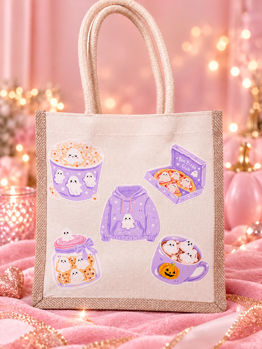 A beige canvas tote bag with a burlap-style border, featuring cute lavender and orange pumpkins and ghosts illustrations of snacks, a hoodie, a jar of ghosts, and a pumpkin coffee mug. The bag is displayed on a pink fabric surface with warm bokeh lights in the background.