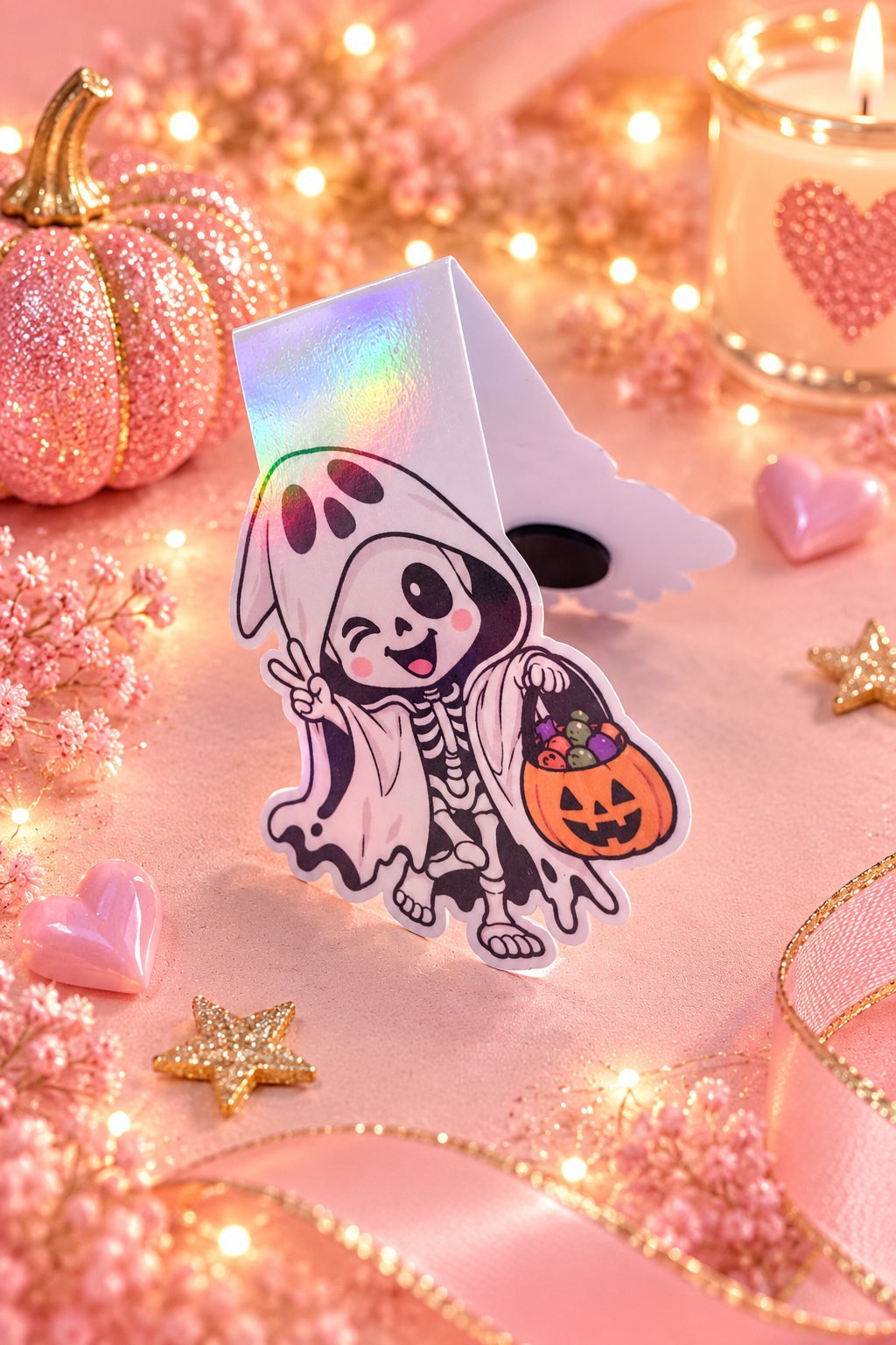 A Halloween-themed holographic magnetic bookmark featuring a cartoon skeleton in a ghost robe holding a pumpkin bucket of candy, styled on a pink surface with glitter pumpkins, candles, stars, and warm string lights.