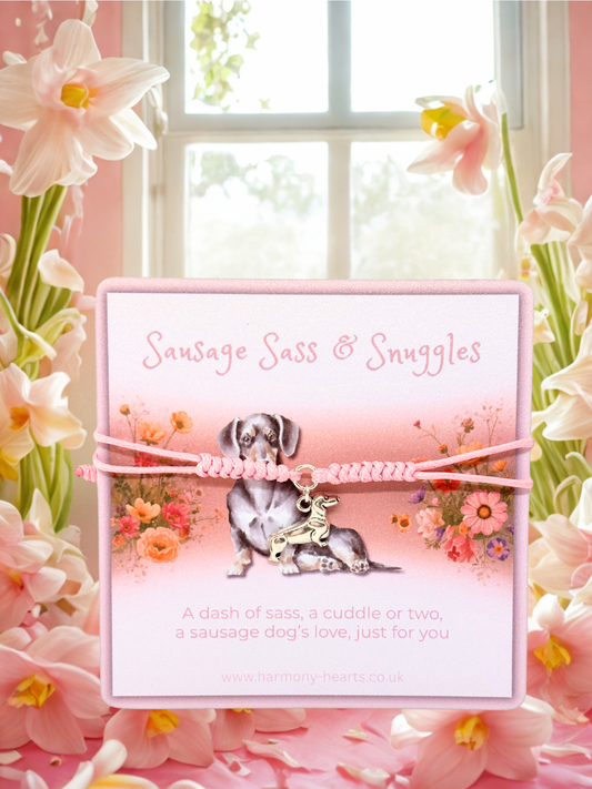 Pink cord charm bracelet with a silver dog charm presented on a card with the text Sausage Sass & Snuggles