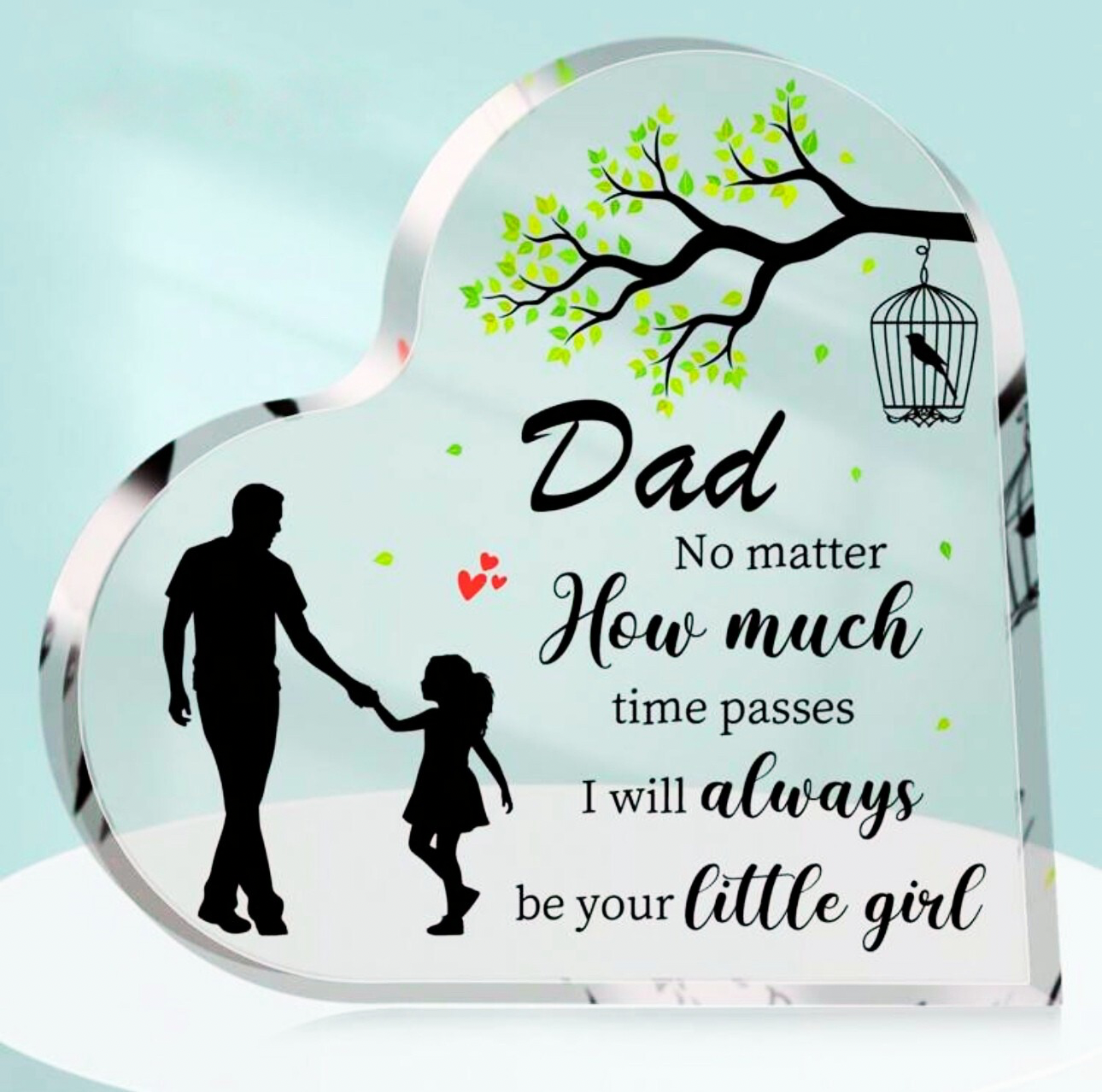 Heart-shaped acrylic  ornament with a father and daughter silhouette and engraved text
