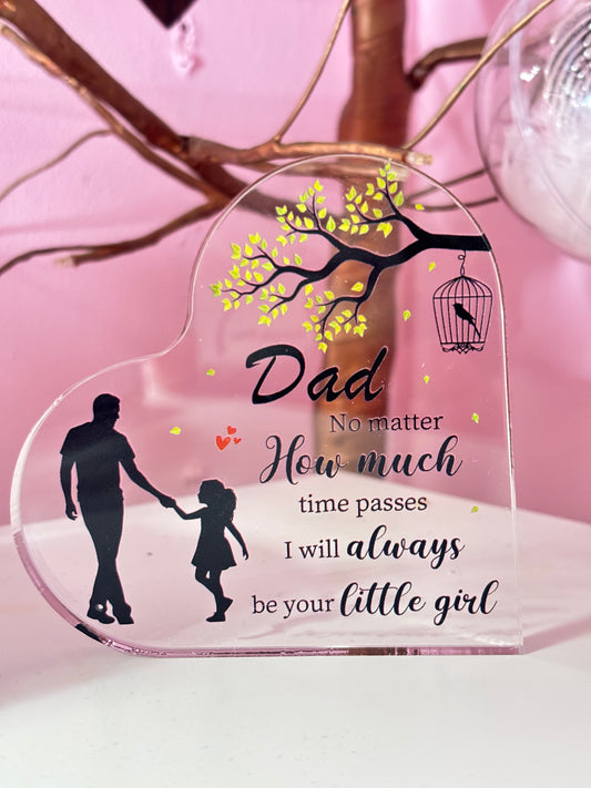 Heart-shaped acrylic plaque with father-daughter silhouette and engraved text 