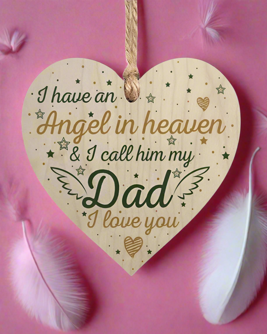 “Angel in Heaven” Heart-Shaped Wooden Hanging Plaque – Dad Memorial Keepsake with Engraved Tribute

