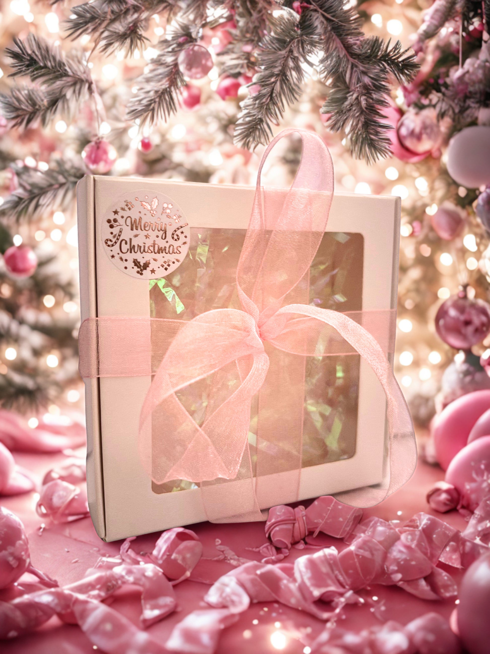 Gift box with pink ribbon on a festive background with Christmas tree and decorations