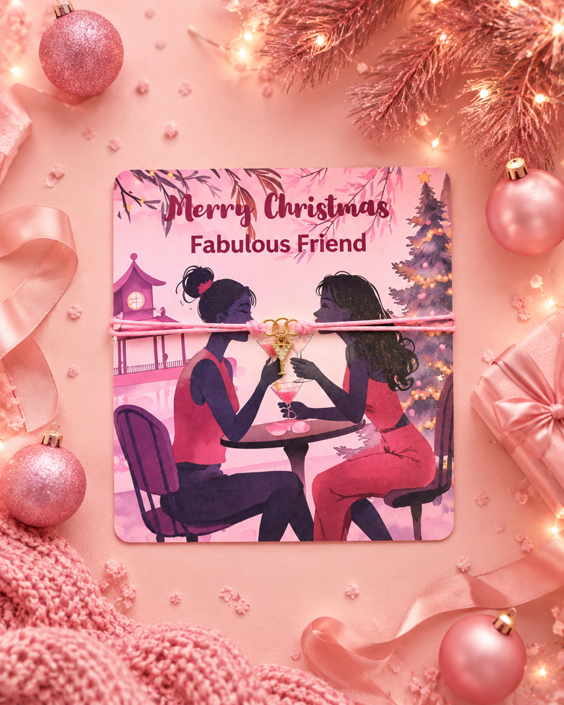A square printed card sits on a pink holiday-themed surface. The card reads “Merry Christmas Fabulous Friend” above an illustration of two women sitting at a small table with drinks and flowers with a cocktail charm bracelet mounted to it