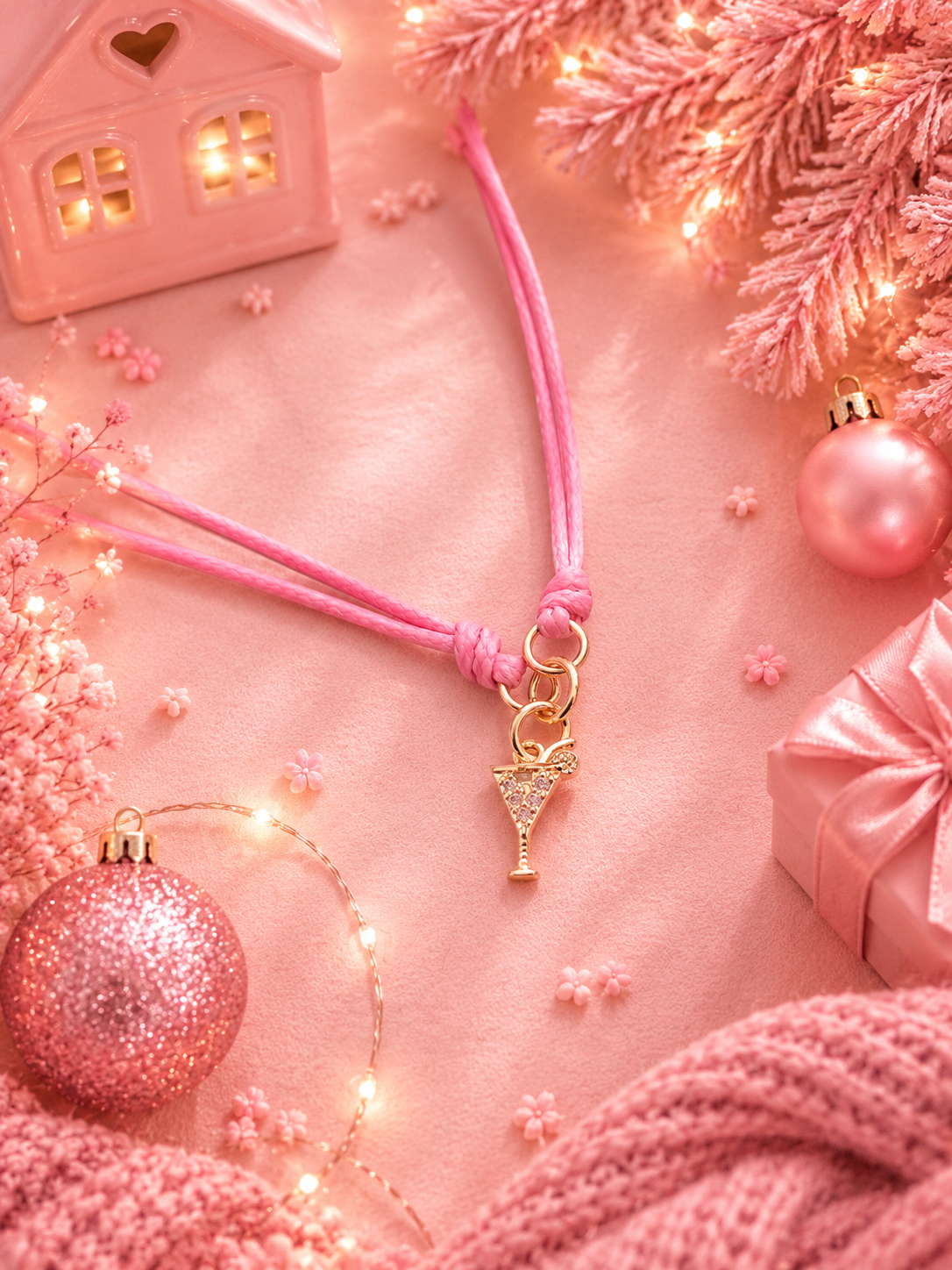 A pink cord bracelet with a gold champagne glass charm, styled in a cozy Christmas flat-lay with pink ornaments, lights, and a pink house ornament.