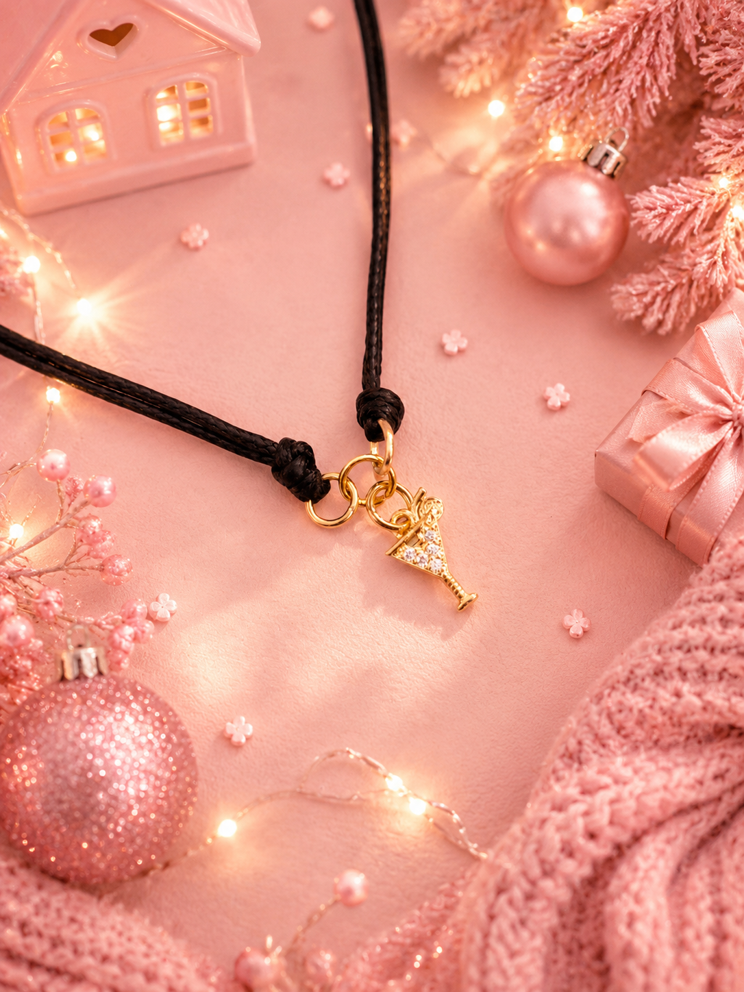 A black cord charm bracelet with a gold-toned cocktail charm, styled in a cozy pink holiday flat-lay with pink ornaments, fairy lights, a pink knit blanket, and a small pink house.