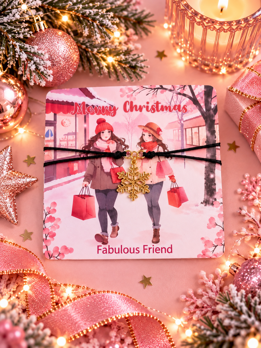 Merry Christmas Fabulous Friend card with a black cord bracelet with a snowflake charm mounted on it. Set against a pink Christmas setting