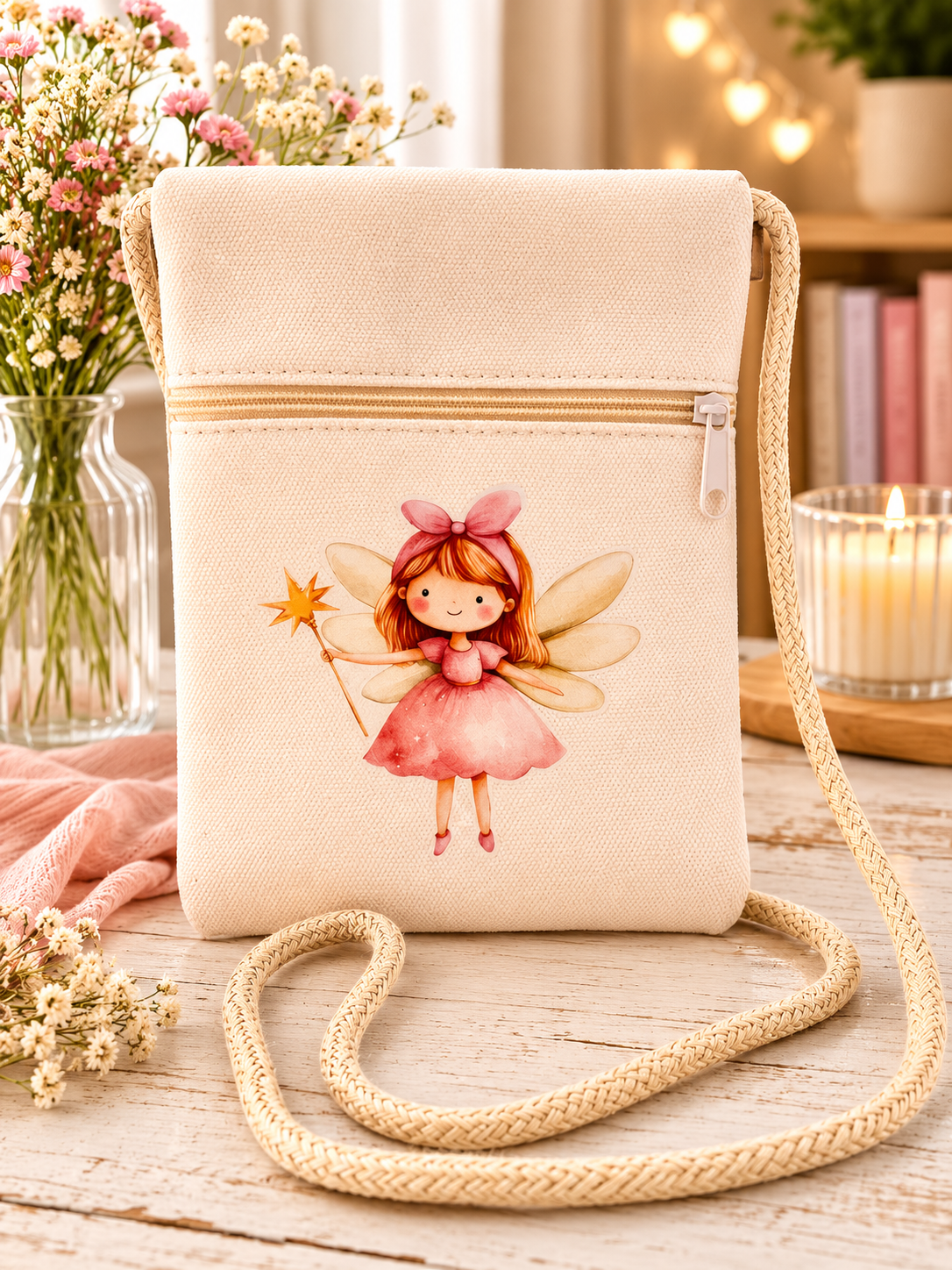 A cream-colored canvas crossbody bag with a printed illustration of a fairy in a pink dress holding a wand, featuring a gold zipper and a thick braided beige strap, styled on a wooden table with flowers and candles.
