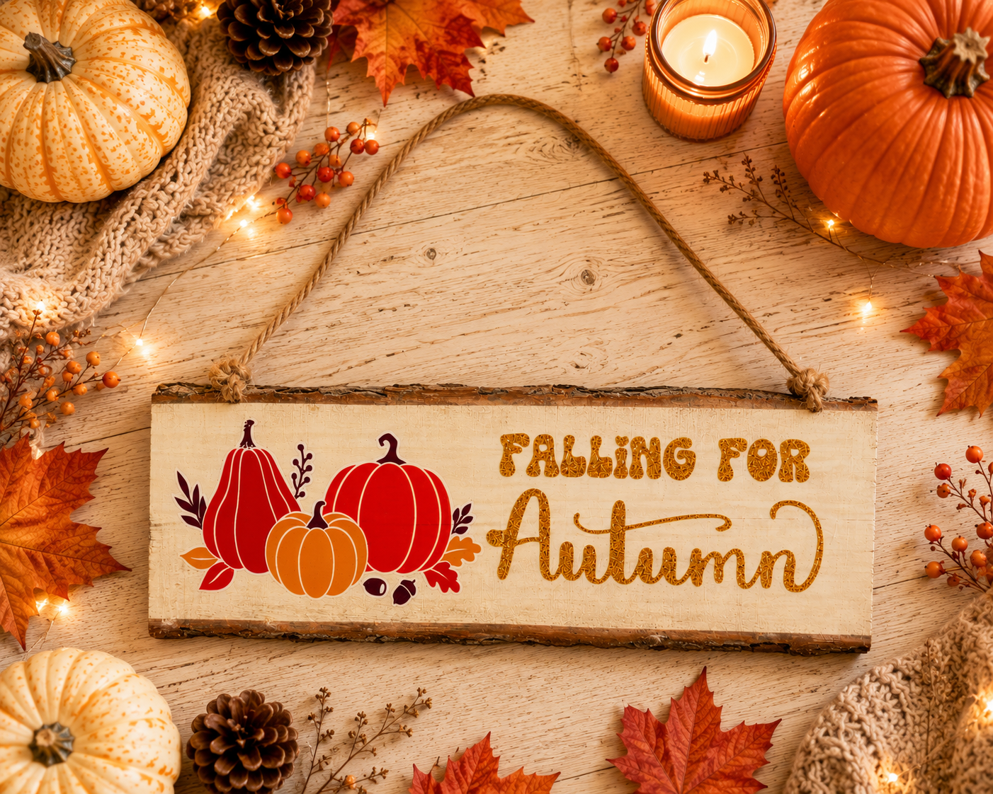 A rustic wooden hanging sign with the phrase “FALLING FOR Autumn” in warm brown lettering, decorated with illustrated orange and red pumpkins and leaves. The sign is styled in an autumn scene on a light wood surface with pumpkins, fall leaves, pinecones, string lights, and a candle.