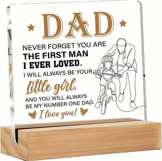 “Dad – The First Man I Ever Loved” Acrylic Keepsake Plaque with Wooden Stand – Heartfelt Father’s Day or Birthday Gift

