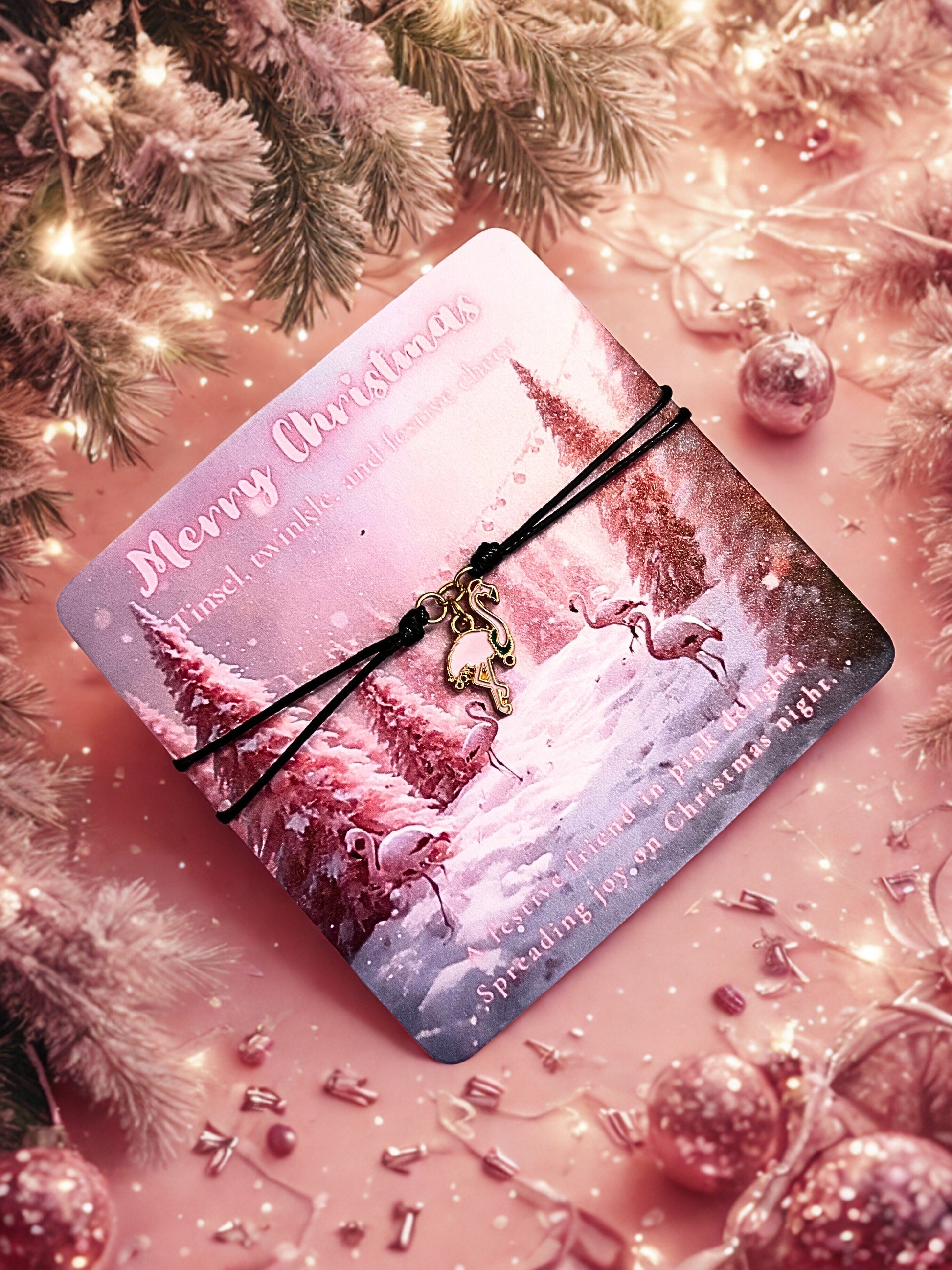 Decorative card with Christmas scene and flamingo charm bracelet on a festive background with lights and ornaments.