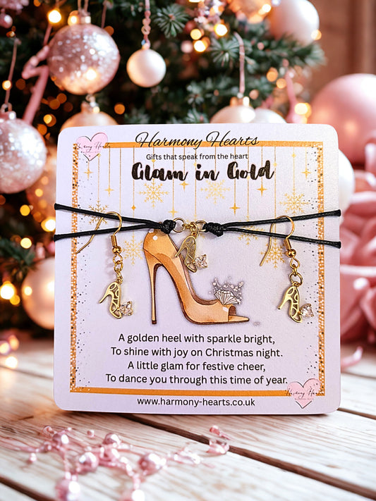 Bracelet and earrings with high heel charm and 'Harmony Hearts' packaging in front of a Christmas tree.