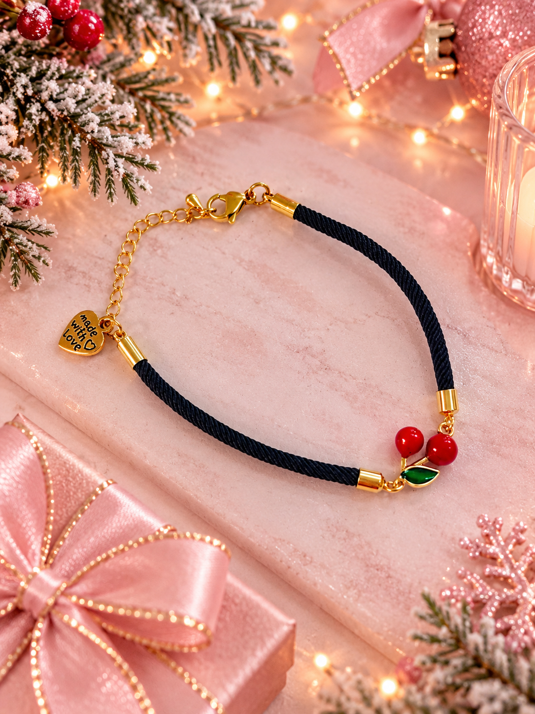 A Christmas-themed black cord bracelet with gold-plated hardware, featuring a cherry charm displayed on a pink marble surface with festive holiday decorations.