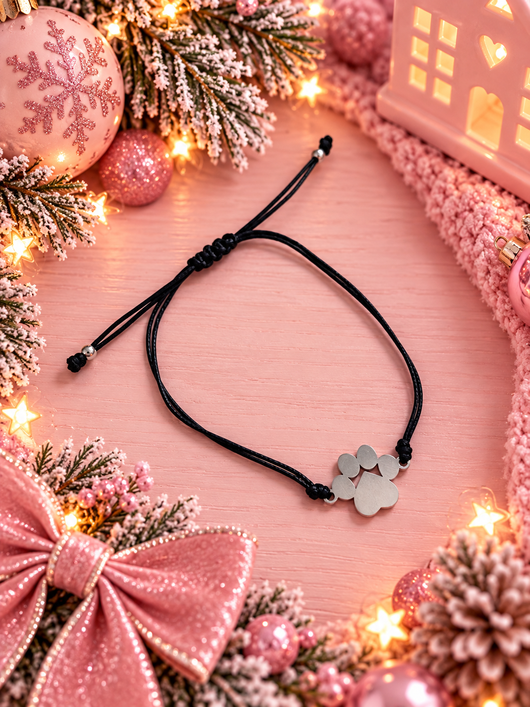 A black cord adjustable bracelet with a silver paw print charm, styled on a pink wooden surface surrounded by festive Christmas decorations including a pink bow, pinecones, lights, and ornaments.
