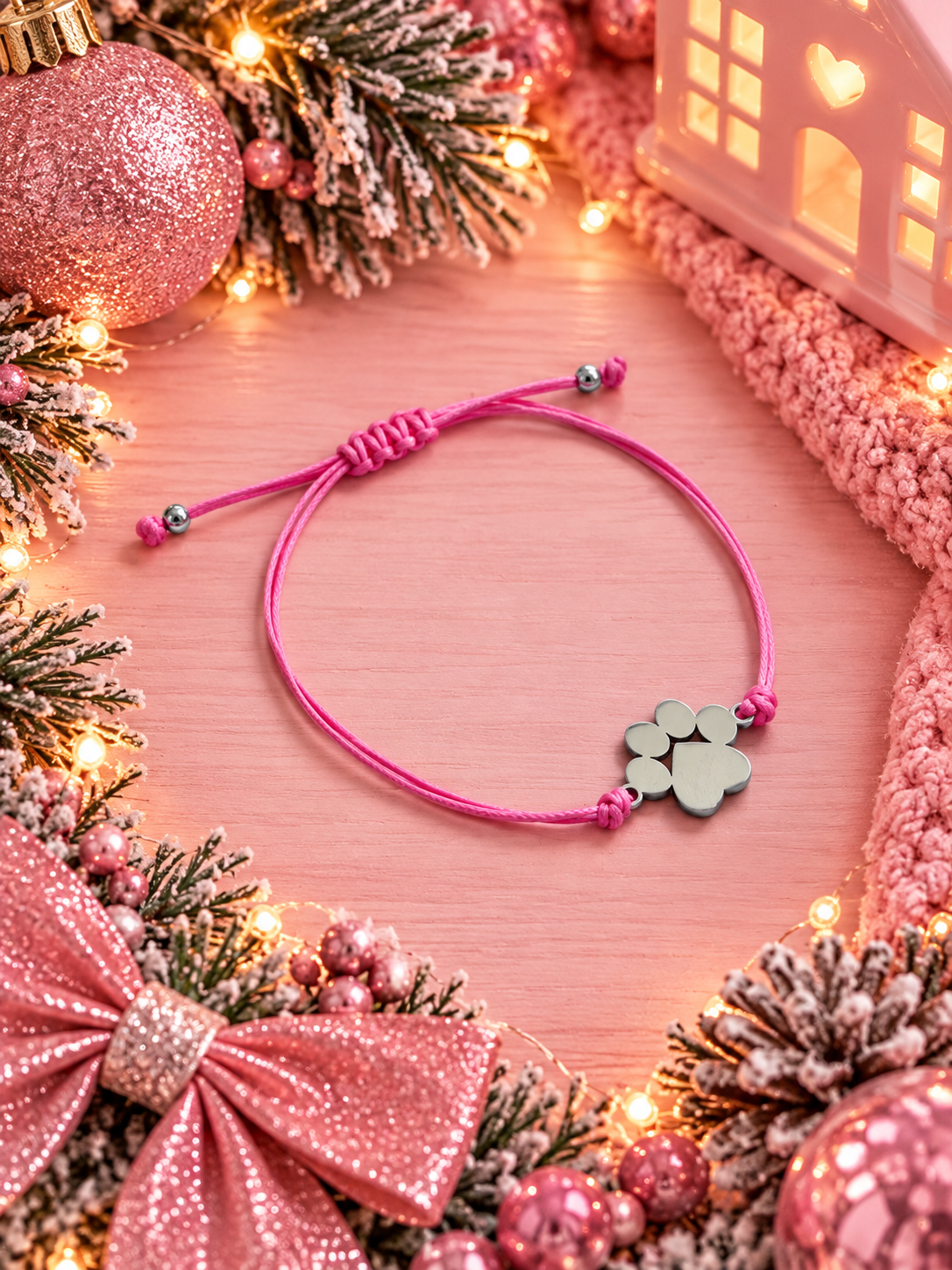 A pink cord bracelet with a small silver paw print charm, styled on a pink wooden surface surrounded by festive Christmas decorations including a pink bow, pinecones, ornaments, and a glowing house ornament.