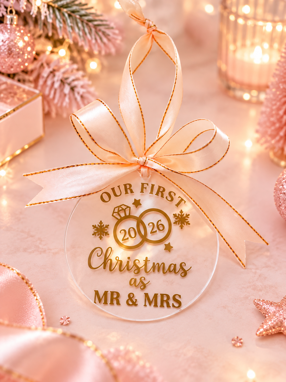 A round clear Christmas ornament with gold lettering that reads 'OUR FIRST Christmas as MR & MRS 2026' and two interlocking rings, tied with a pale pink satin ribbon. The ornament is photographed in a softly lit holiday setting with pink ornaments, lights, and gift boxes in the background.
