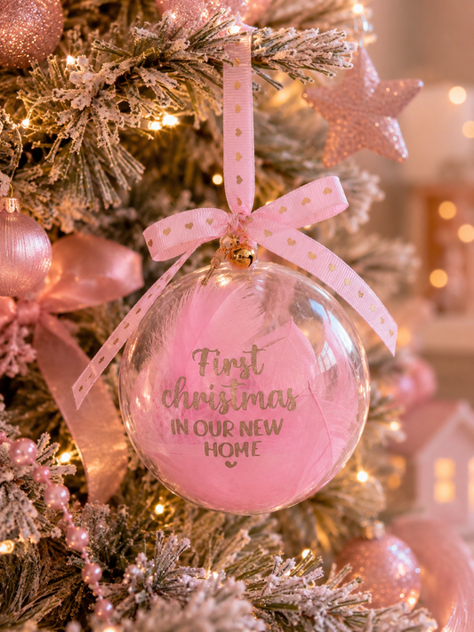 A round clear Christmas ornament with pink feather accents and gold foil text reading 'First Christmas IN OUR NEW HOME,' hanging on a decorated tree with pink ribbons and warm lights.