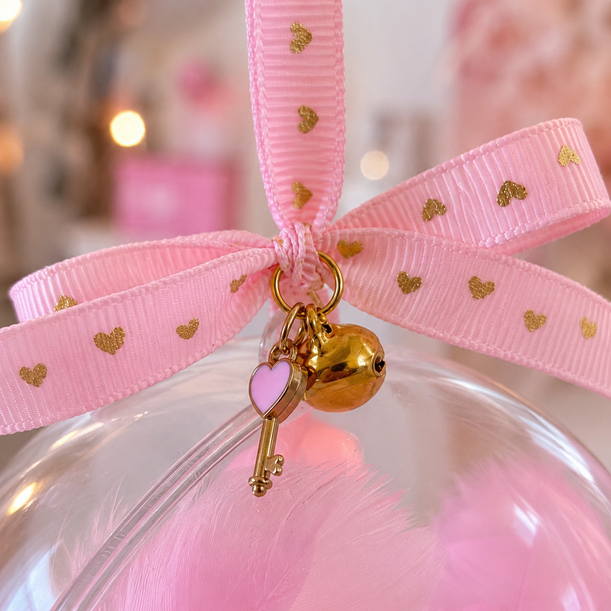 A pink ribbon ornament with gold heart patterns, tied in a bow and decorated with a gold bell and key charm, hanging inside a clear glass bauble filled with pink feathers.