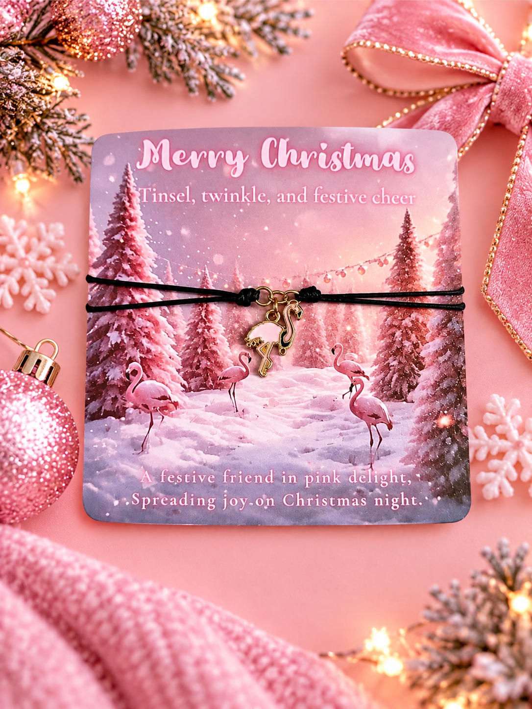 A pink Christmas-themed cord bracelet with a small gold and pink charm, presented on a matching printed card that reads 'Merry Christmas' and 'Tinsel, twinkle, and festive cheer,' styled with holiday decorations on a pink background.