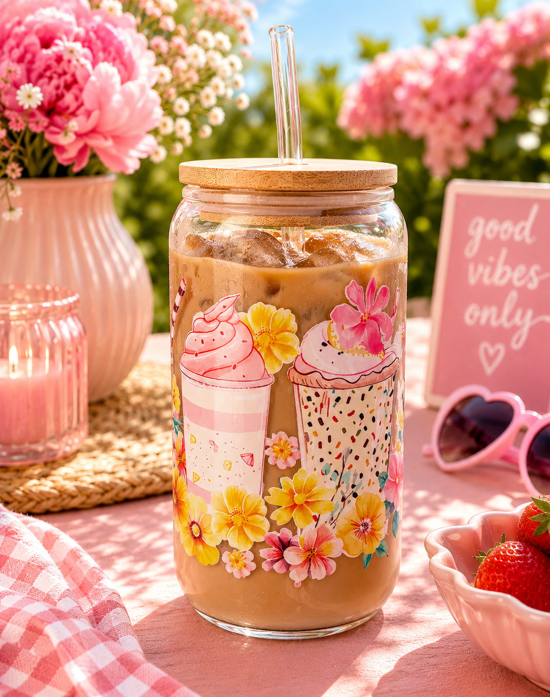 Glass cup with a lid filled with iced coffee, decorated with cartoon ice cream cones and flowers, on a table with pink flowers and a 'good vibes only' sign.