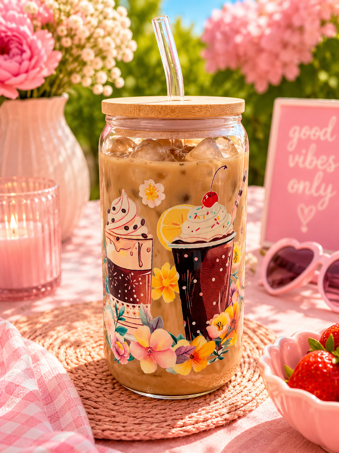 Decorative iced coffee tumbler with cupcake and floral design on a table with pink flowers and 'good vibes only' sign.