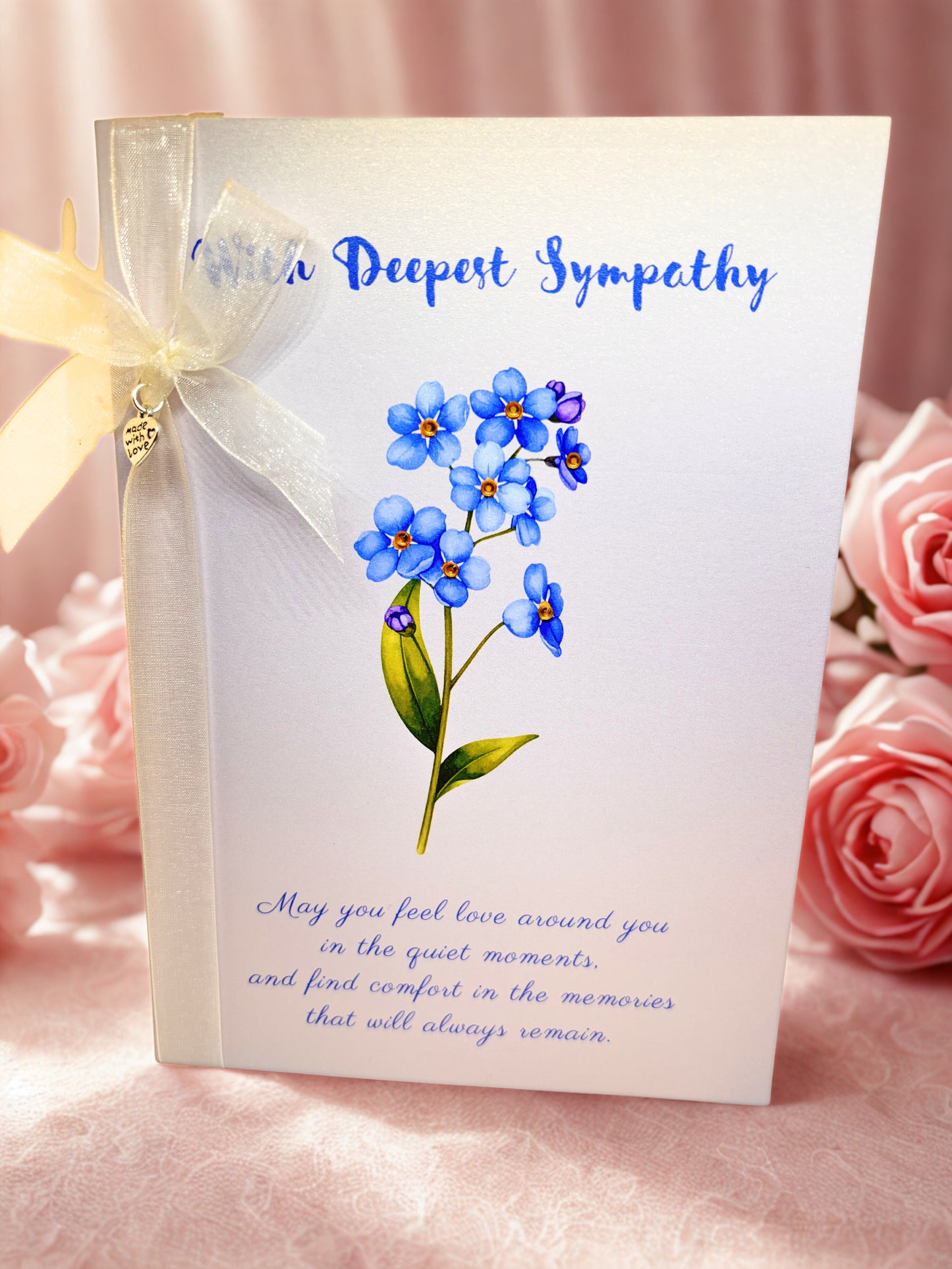 With Deepest Sympathy card with forget me nots illustraion and ribbon and rhinestone detail