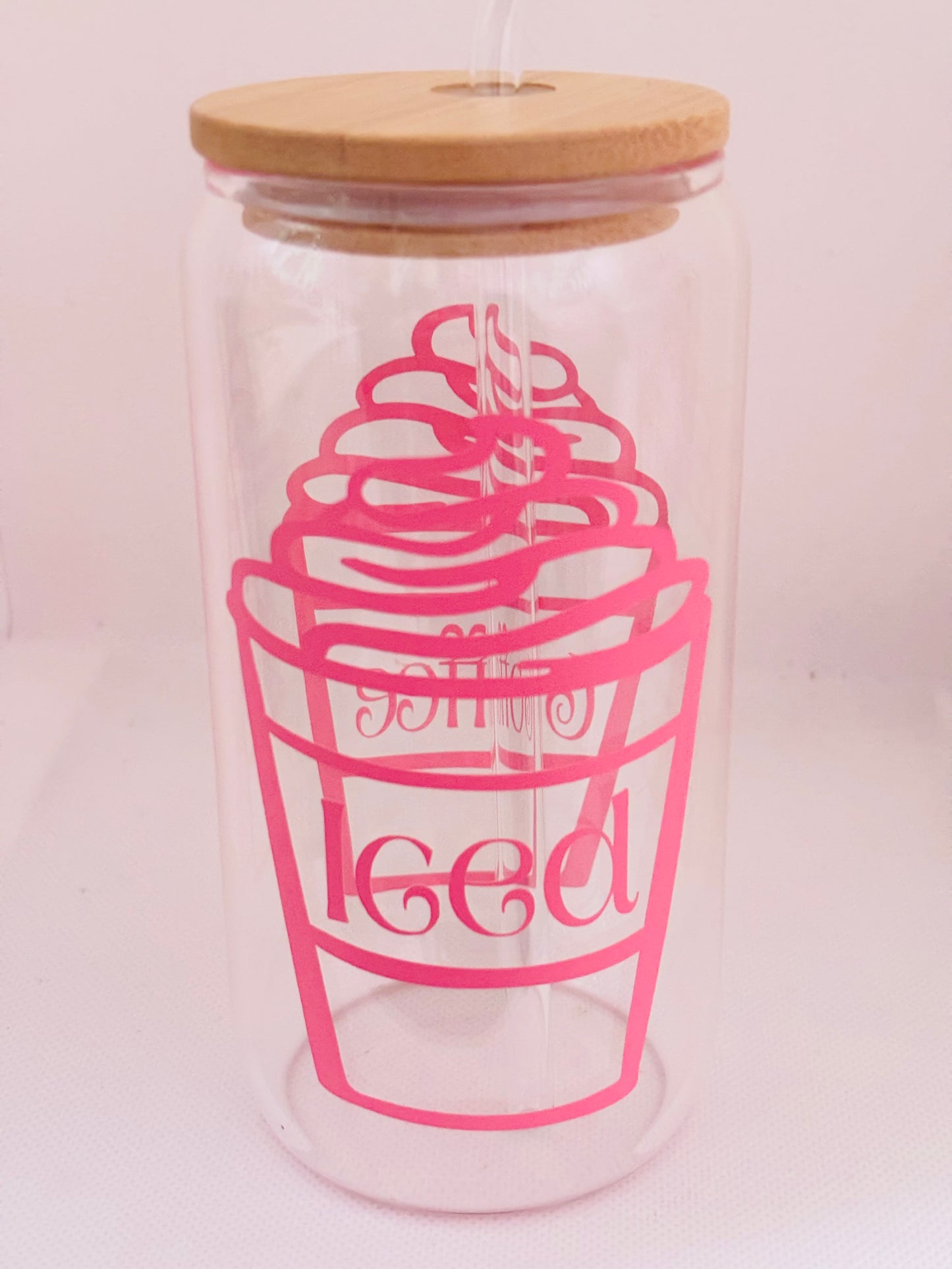 Iced | Coffee Glass Cup | Cute Drink Glass with Straw & Lid