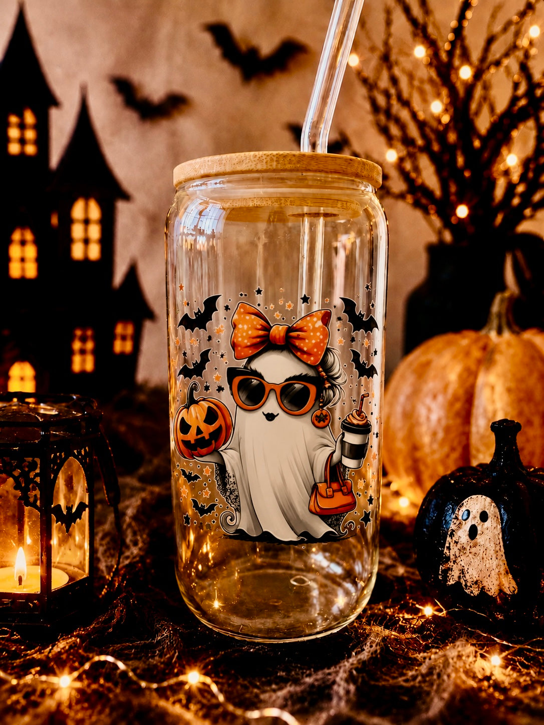 Halloween Ghost Glass Cup | Bamboo Lid & Glass Straw | Pretty Little Sips