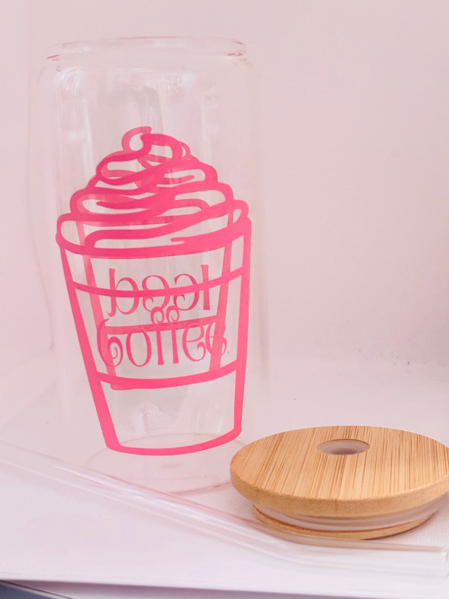Iced | Coffee Glass Cup | Cute Drink Glass with Straw & Lid