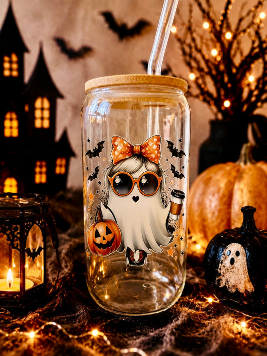 Halloween Ghost Glass Cup | Bamboo Lid & Glass Straw | Pretty Little Sips